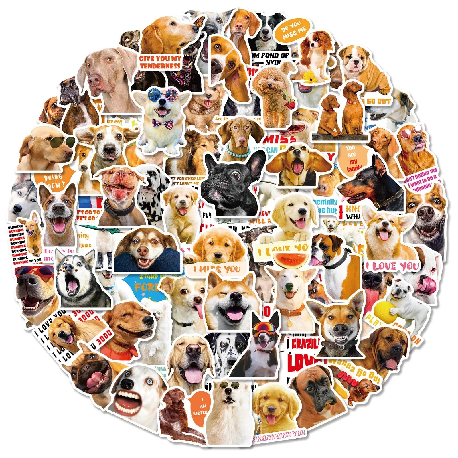 Pack of 100 realistic dog facial expression stickers in Nordic design style