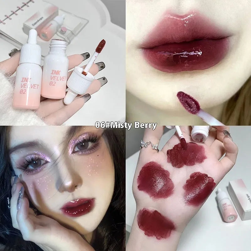 Mirror Lip Lacquer tube in 3.5g size showing four colour options: Spring Day Wilderness, Orange Tabby Cat Diary, Low-key Charming, and Misty Berry