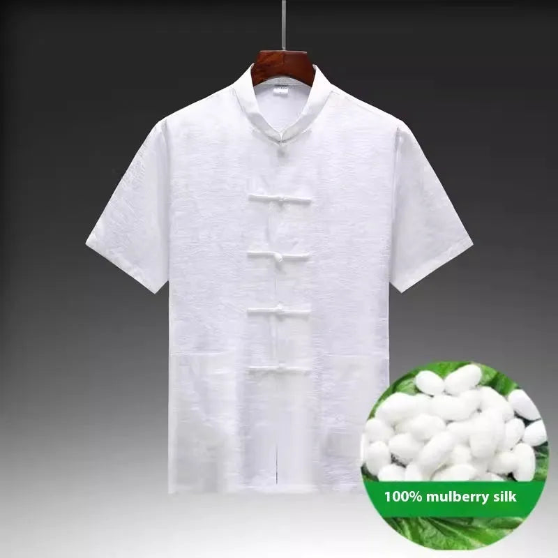 Traditional Chinese-style men's Tang suit in mulberry silk fabric showing white, light green and navy blue colour options