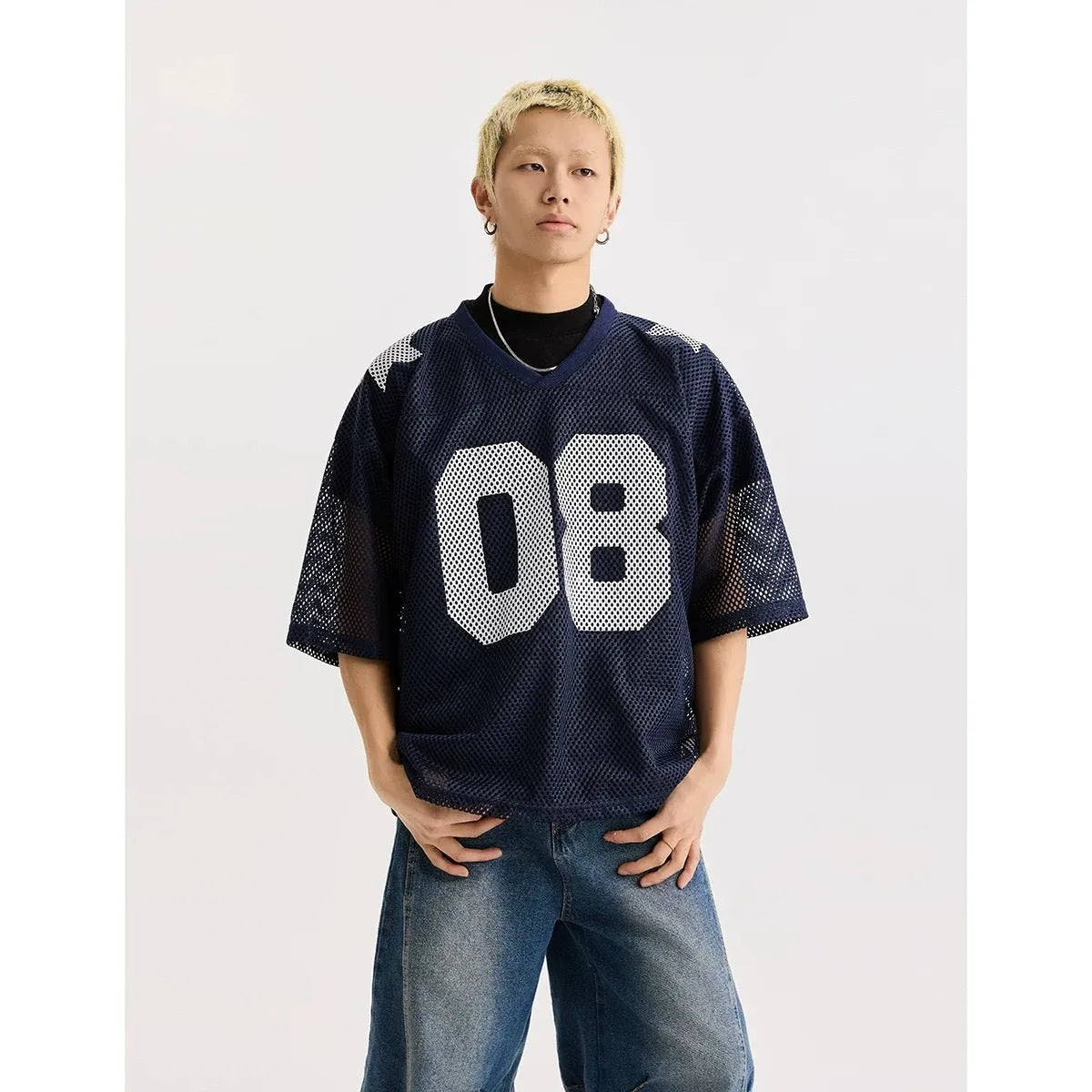 Black and navy blue half sleeve shirt with letter pattern in loose pullover style