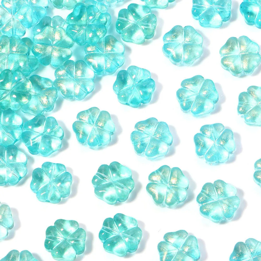 50 glass four-leaf clover beads in assorted colours with coloured glaze finish and 10mm straight hole design.