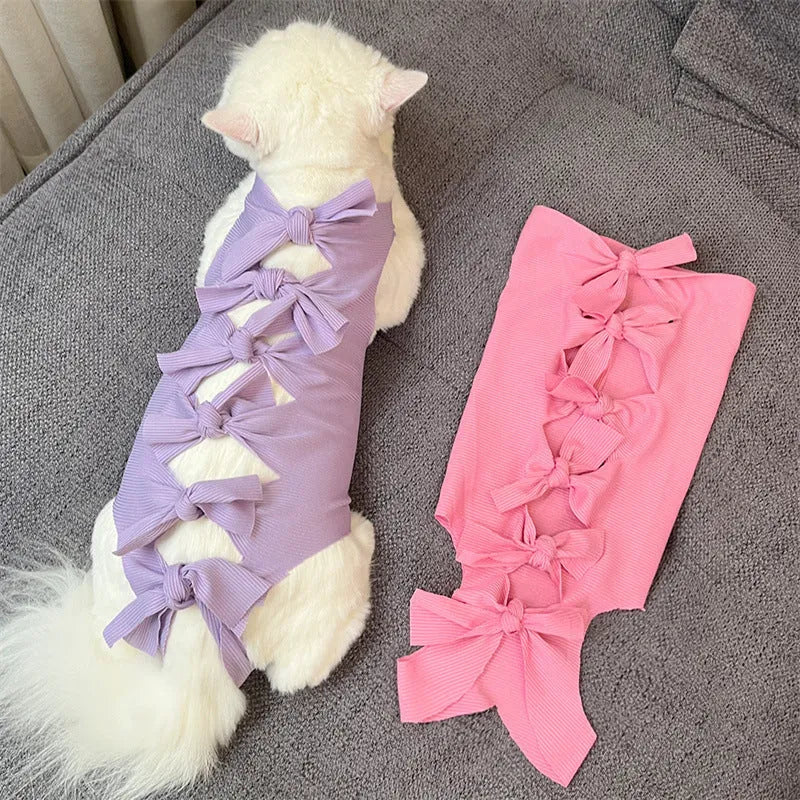 Lace-up cat sterilisation recovery suit in polyester shown in multiple colours with adjustable closure