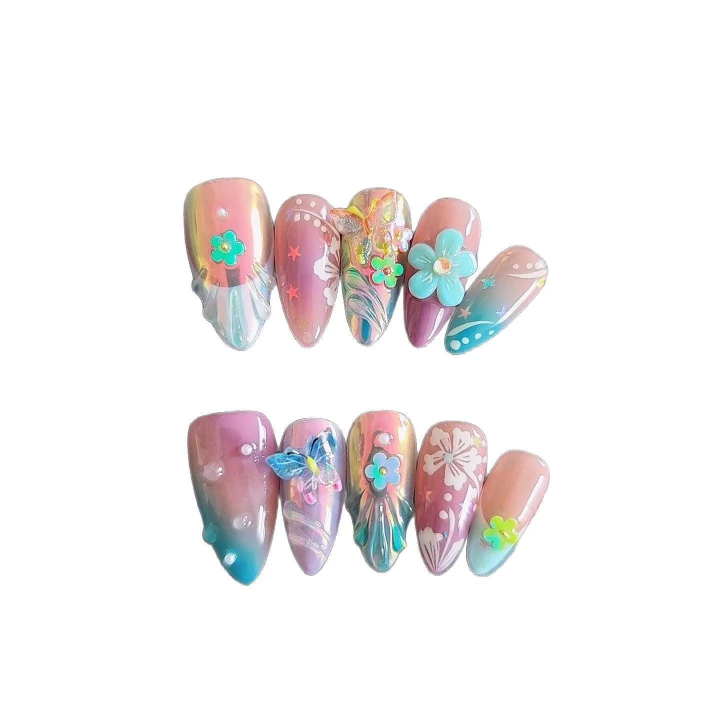 Handmade colourful floral butterfly manicure sculpture with embossed detail in four size options