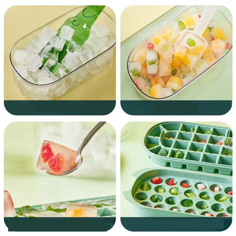 DIY Silicone Ice Grid portable ice box with 54 ice cubes in two layers, Fresh Green hard base model, modern simple design