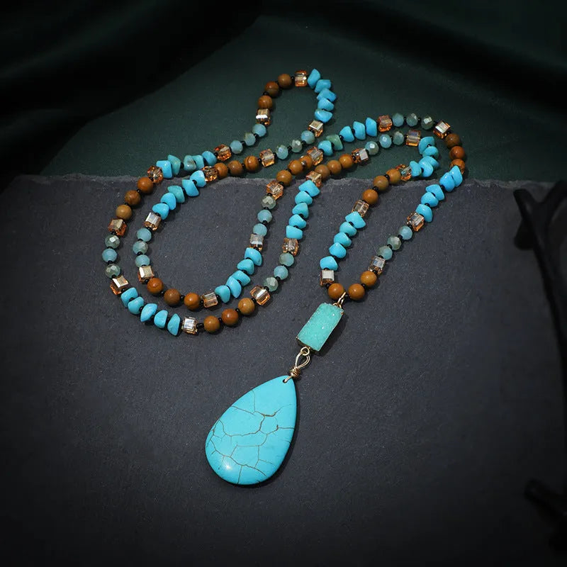 Blue turquoise pendant necklace with mixed gem inlay drop design on ball bead chain