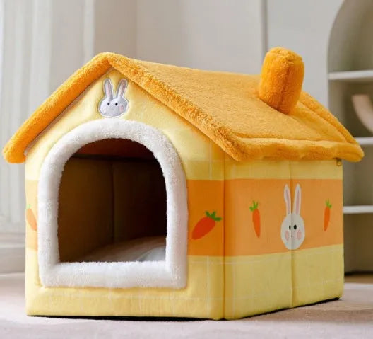 Foldable dog house pet cat bed in cave style with self-warming plush fur and non-slip bottom, available in multiple colours and sizes