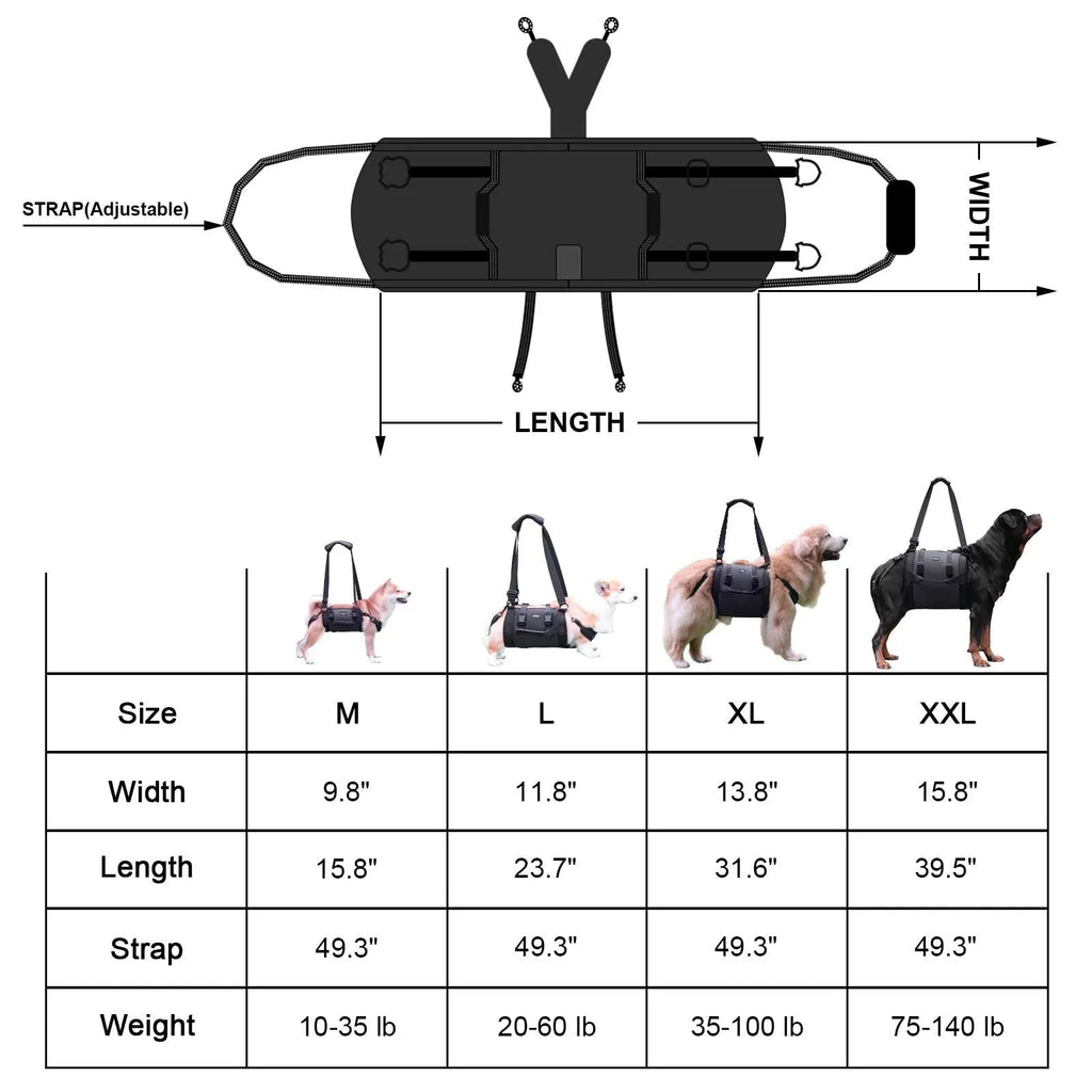 Black Oxford cloth dog harness with leg support and adjustable breast strap for rehabilitation
