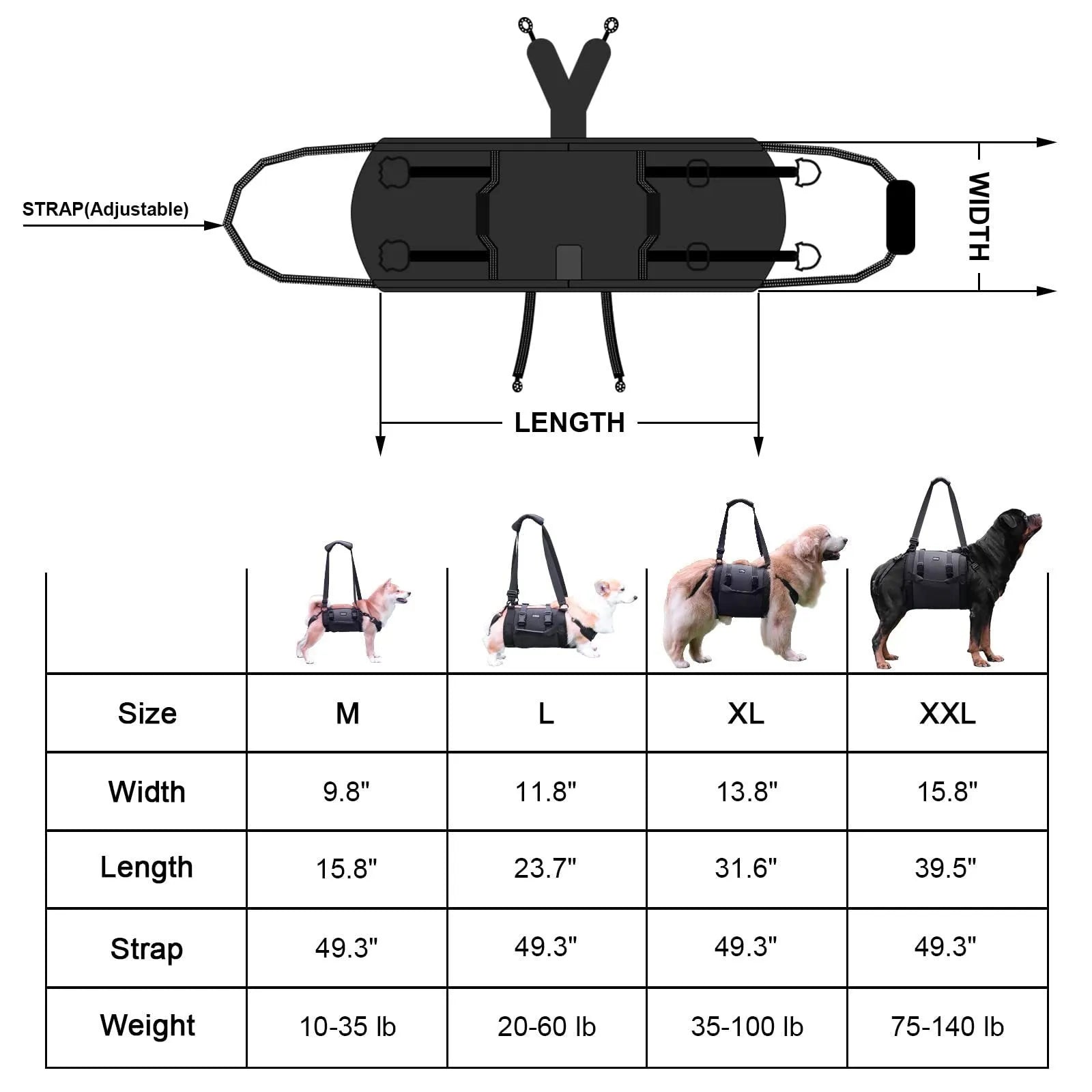 Black Oxford cloth dog harness with leg support and adjustable breast strap for rehabilitation