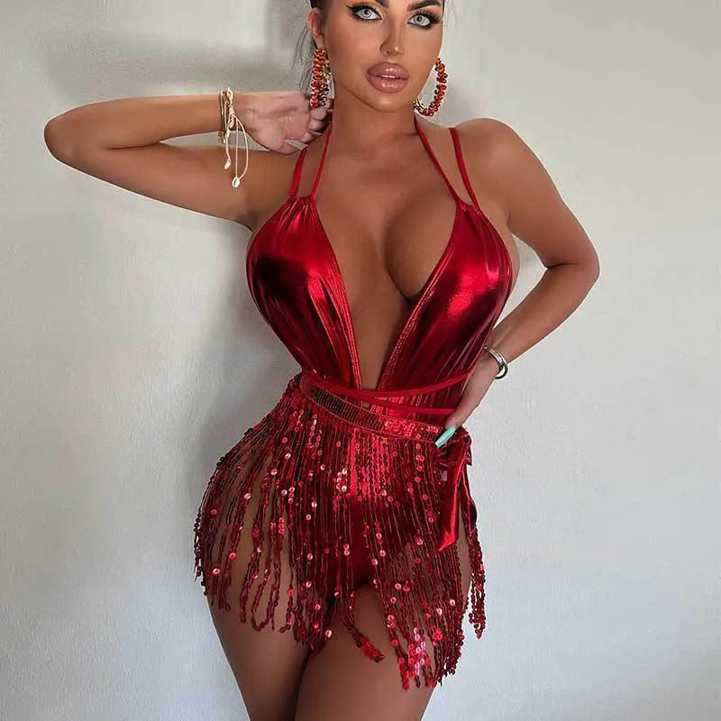 Backless one-piece swimsuit in gold, black, white or red with European styling and high elasticity lining