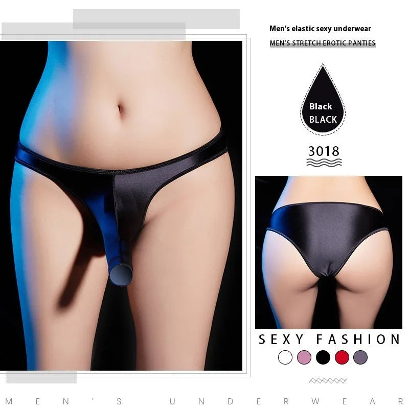 Men's shiny nylon low waist T-back underwear shown in black, displayed flat.