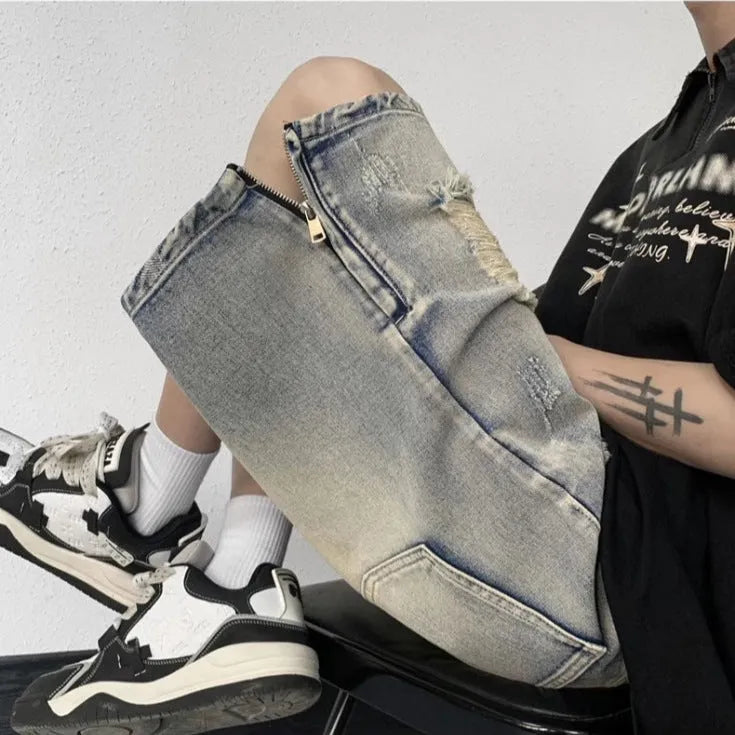 Blue retro-style denim shorts with a loose wide-leg fit on a mannequin.