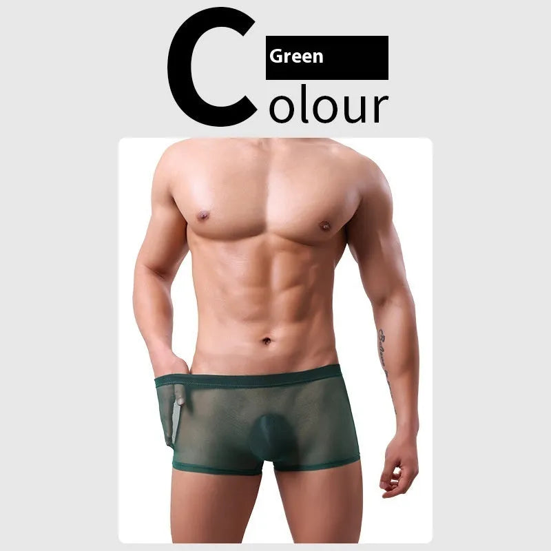 Men's low-waist mesh boxer briefs in thin sheer fabric, shown in multiple colours.