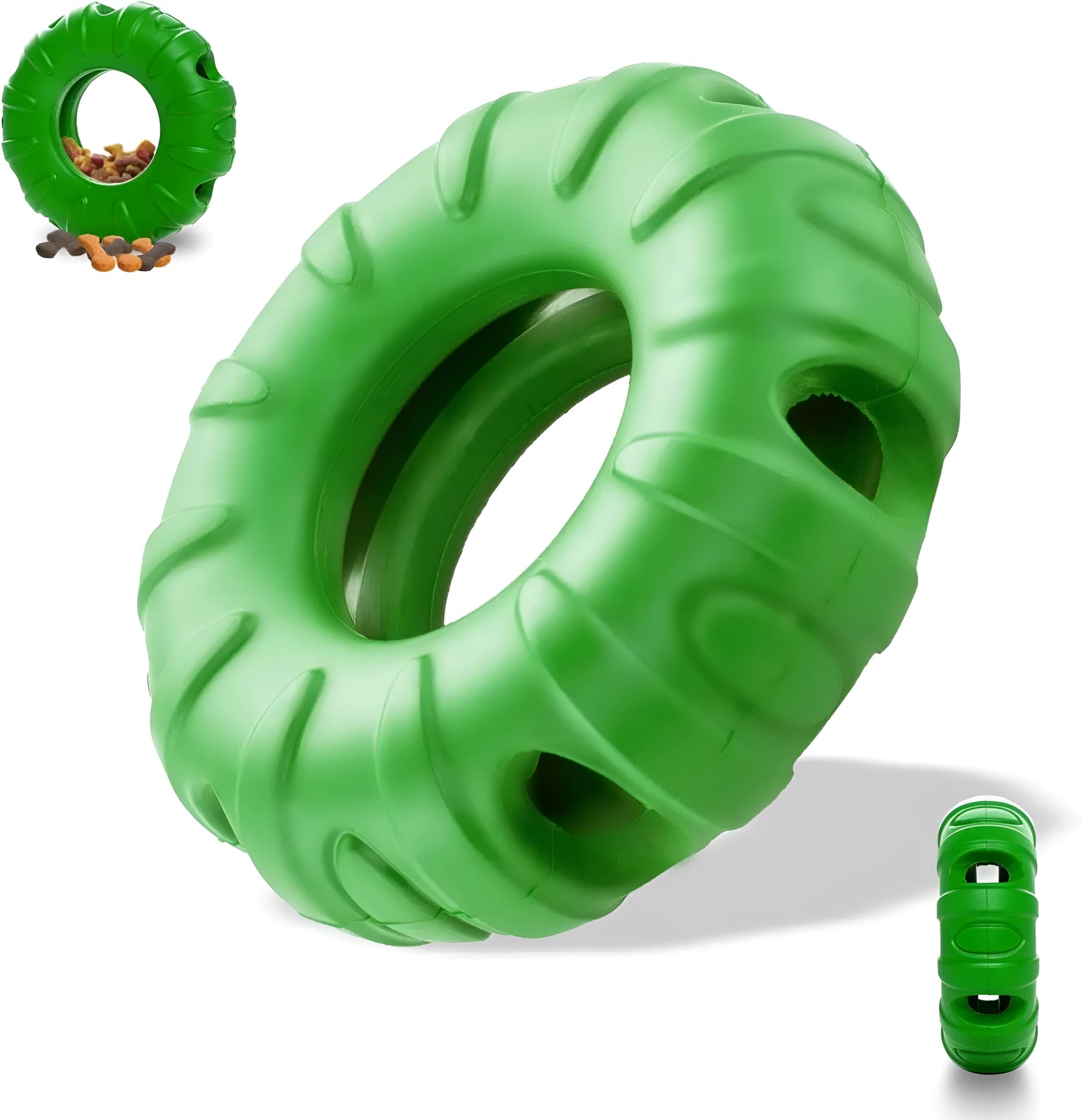 Blue natural rubber tyre-shaped dog chew toy with six oval openings, shown next to a red and green version.