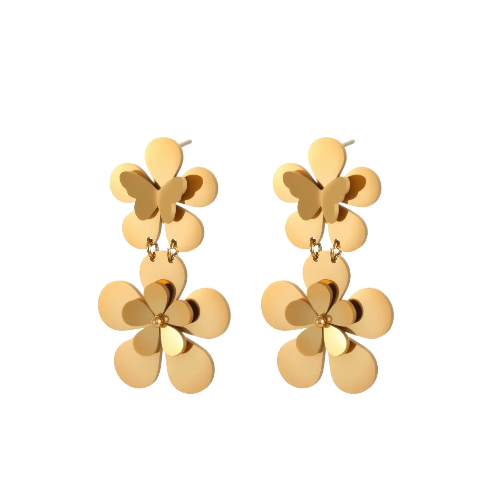 Gold floral butterfly design stainless steel earrings for women with electroplated finish