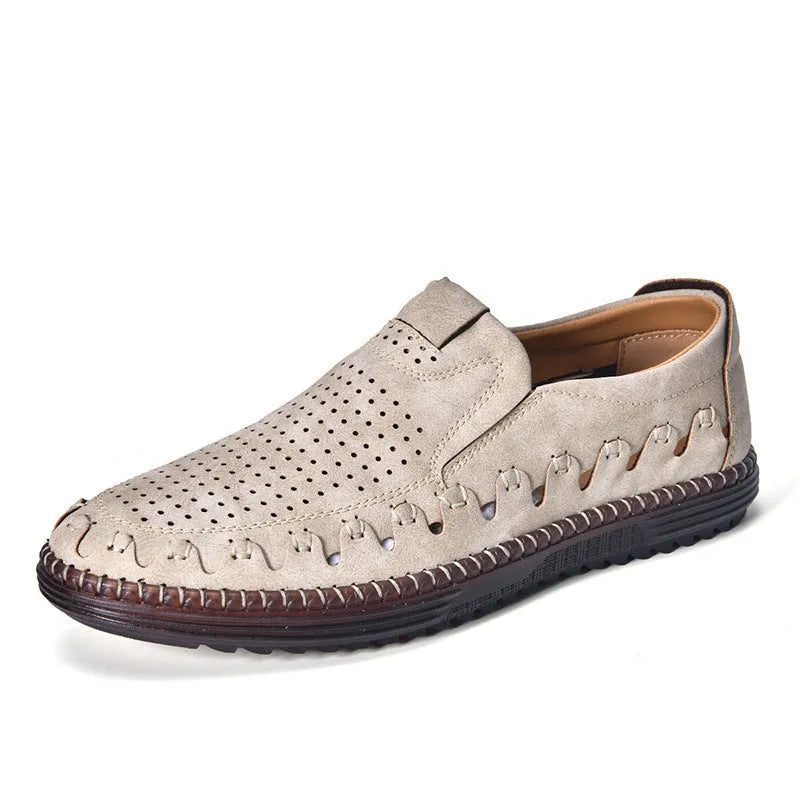 Men's brown slip-on casual shoes with round toe and flat heel on a white background