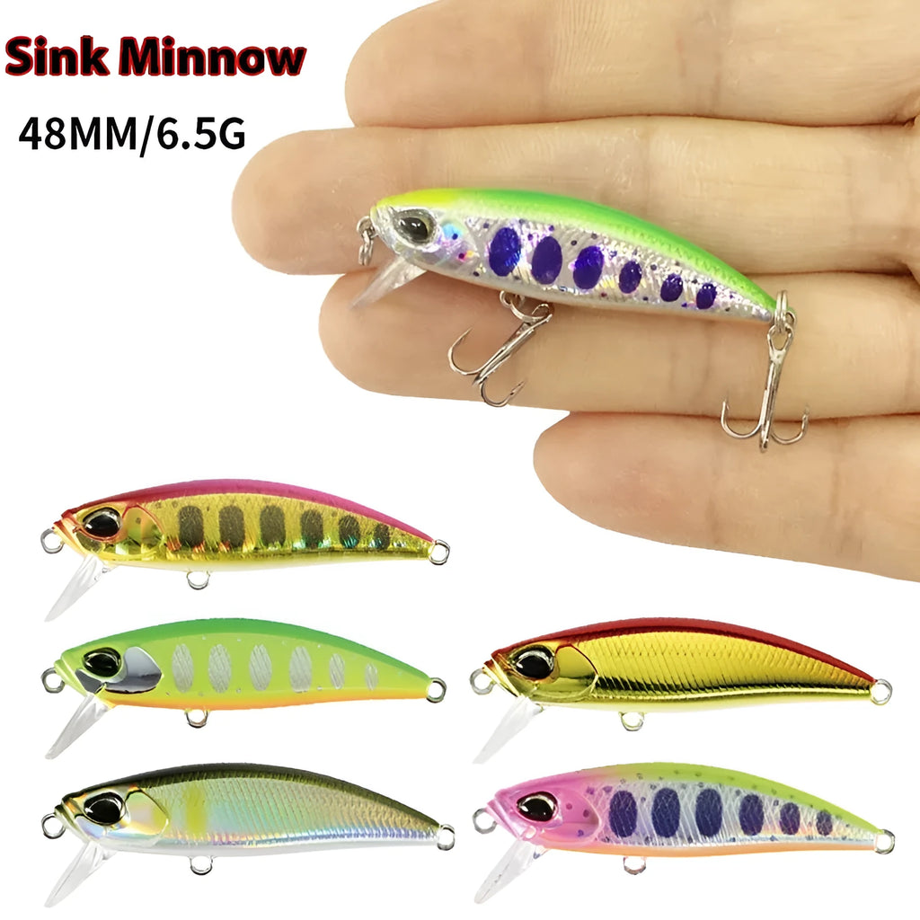 A Japanese submerged mino fishing lure measuring 48mm, shown in one of 14 available colours.