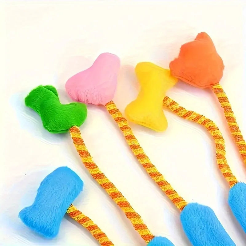 Yellow and blue plush cat toy with bell measuring 40cm long