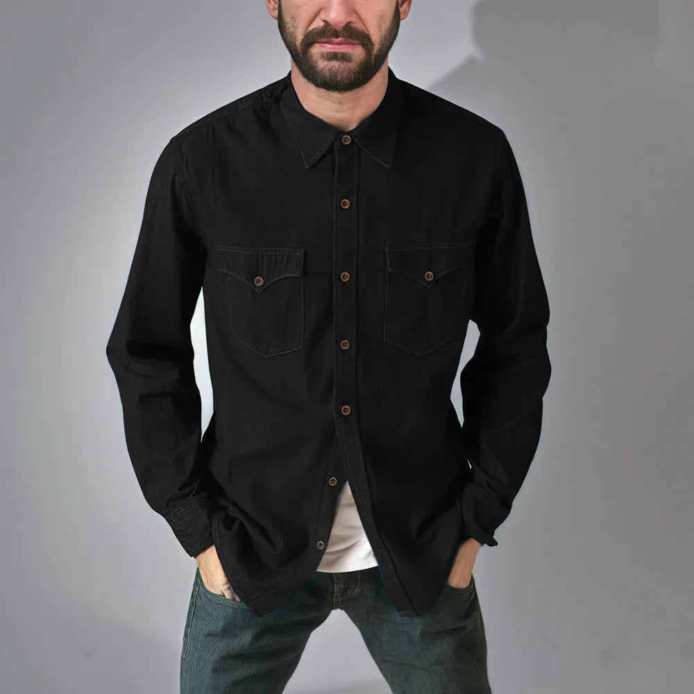 Men's regular fit denim cardigan coat in khaki, black, blue, or grey.