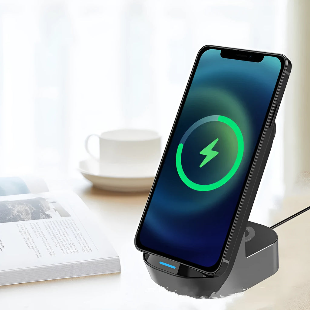 Black grey foldable 3-in-1 wireless charger vertical stand showing phone, watch and headphone charging