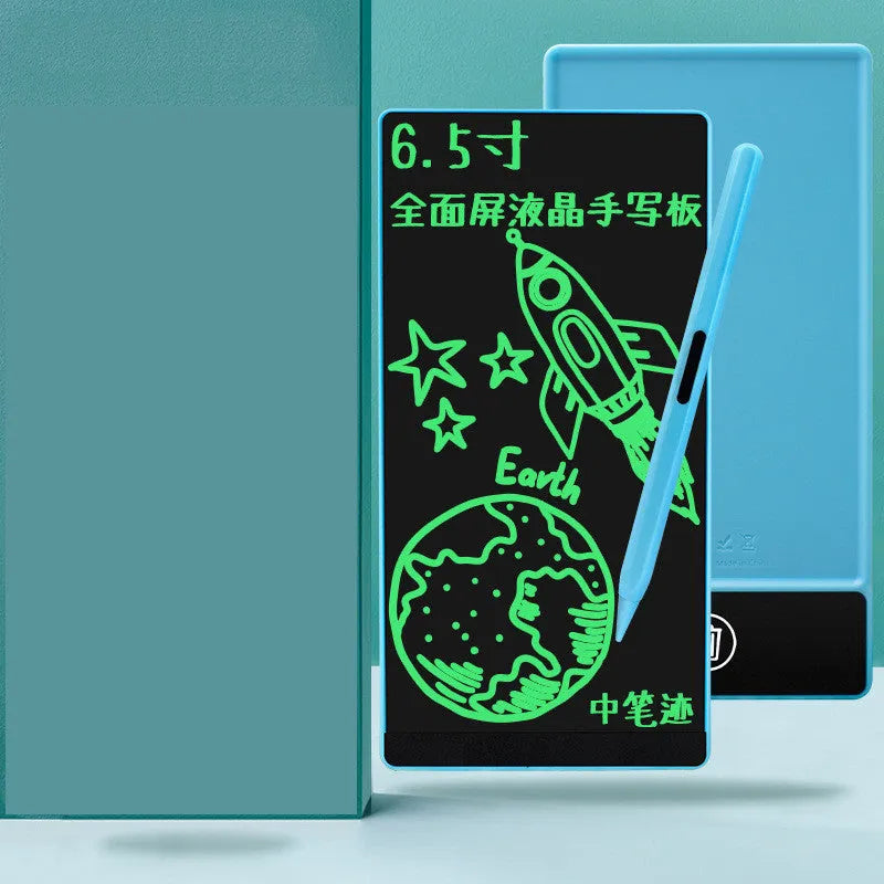 Blue LCD writing board with stylus showing handwritten arithmetic on 6.5-inch screen