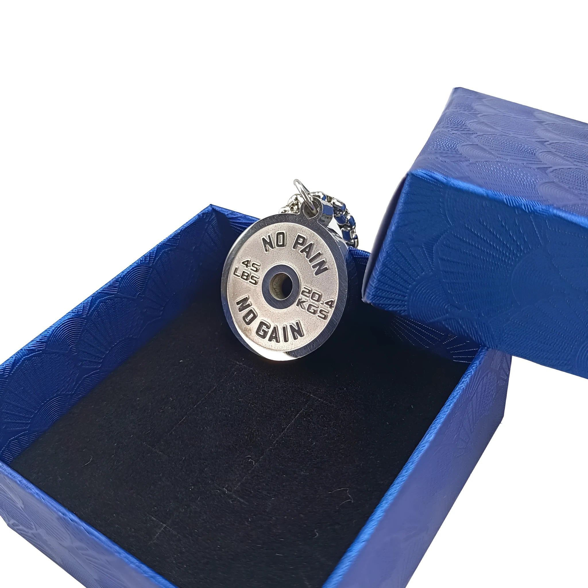 Stainless steel barbell disc pendant necklace with geometric sports design