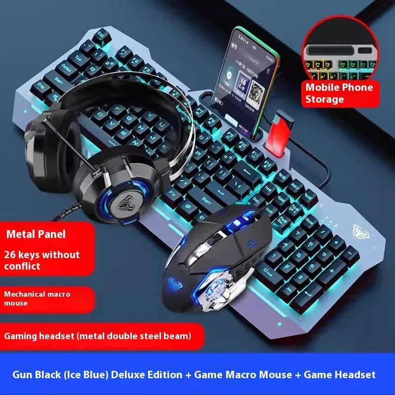 Black and white wired mechanical-feeling keyboard mouse headset bundles with RGB or blue backlighting