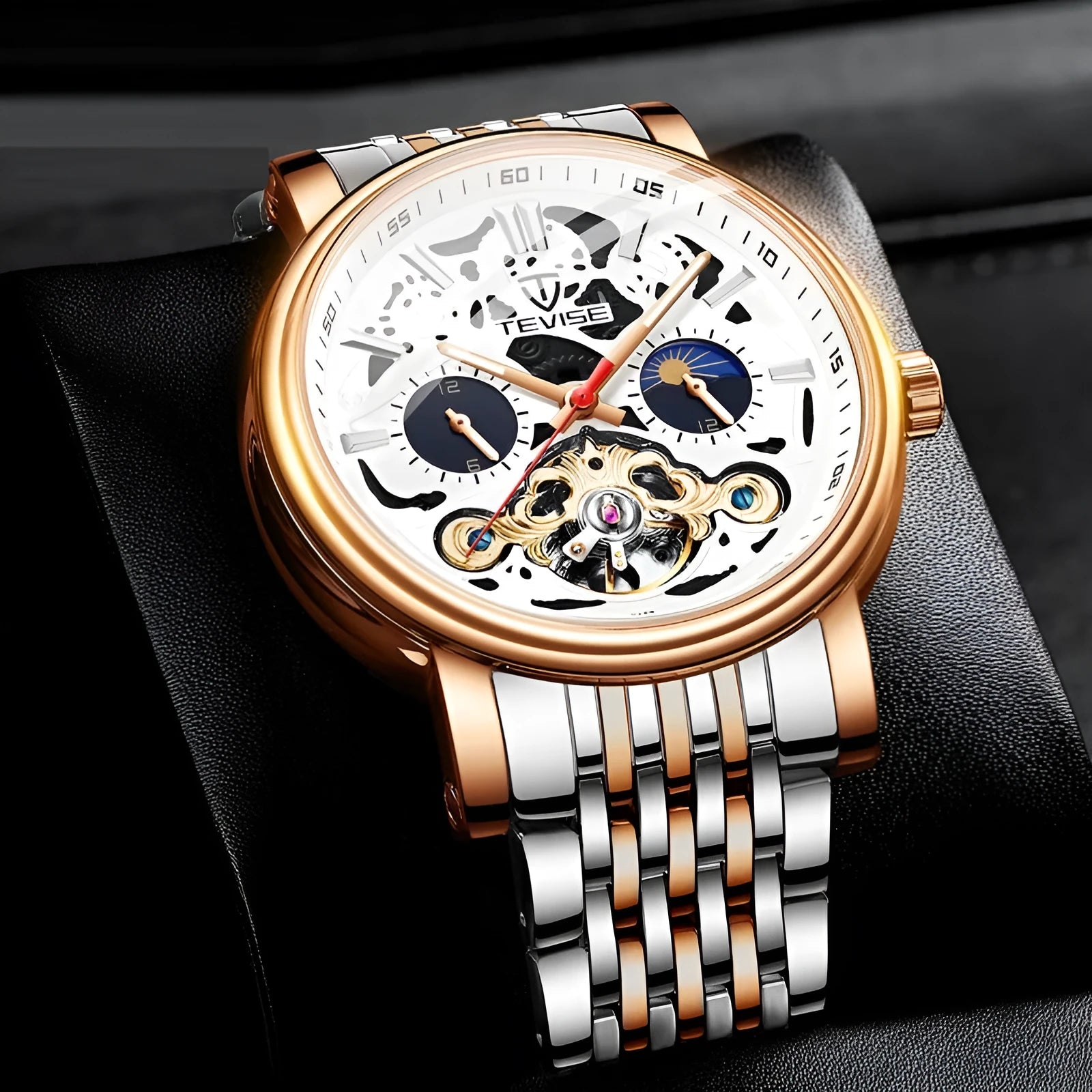 Men's casual tourbillon mechanical watch with luminous hands on a black leather strap.