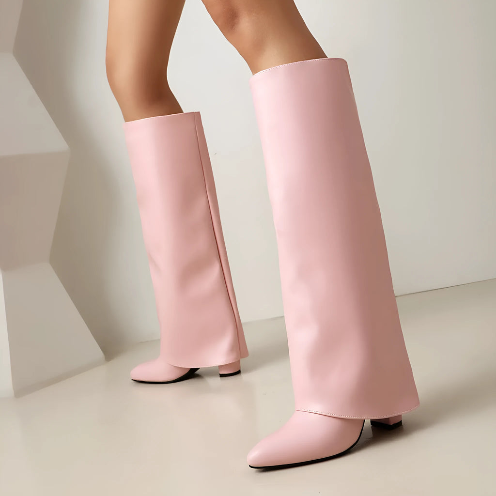 Women's plus size thick high heel ankle boots in black, white, or pink artificial PU with sewing line details.