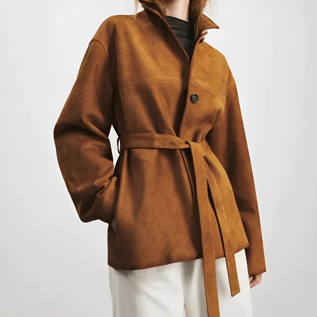Yellow brown retro cashmere coat with a Peter Pan collar and leather stitching detail.