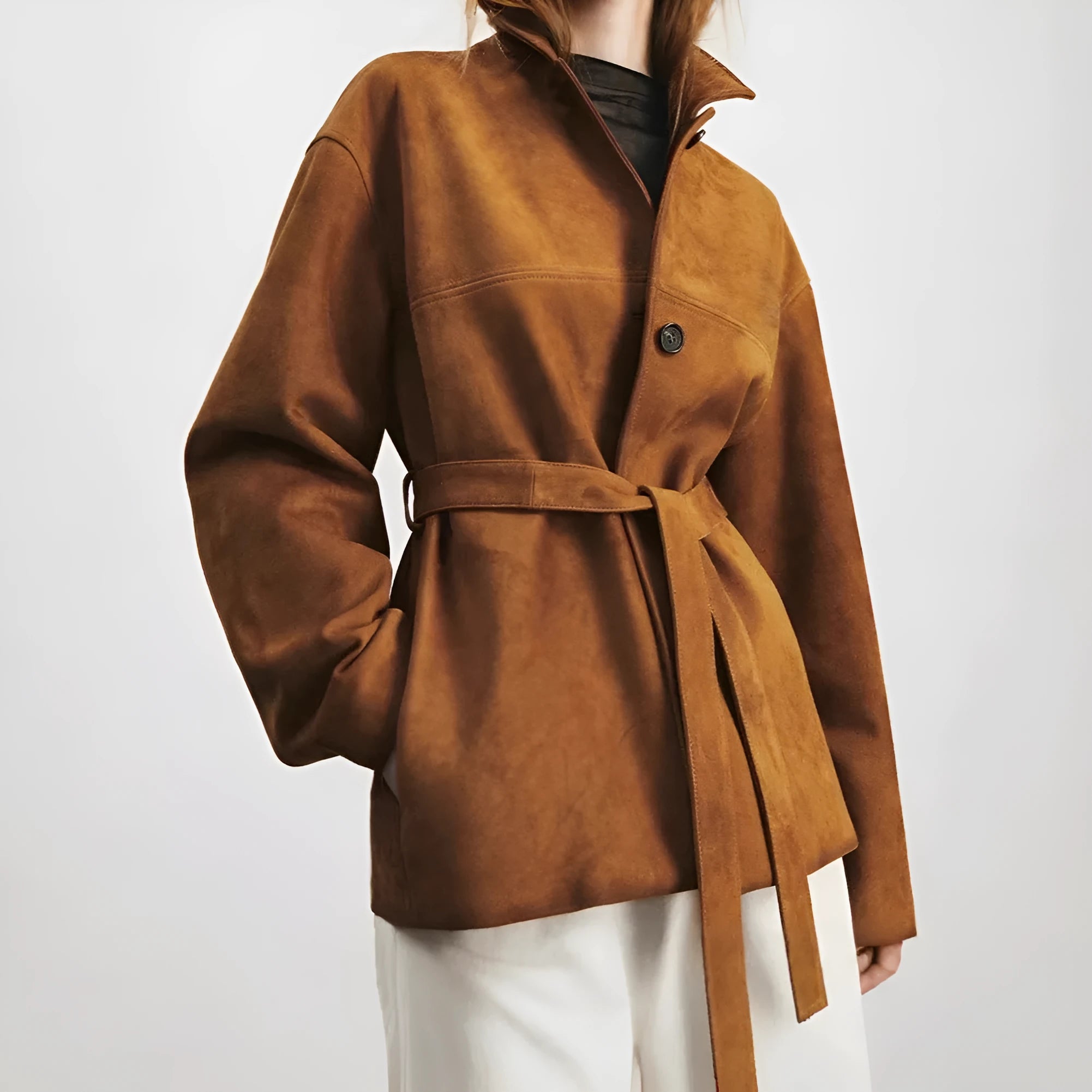 Yellow brown retro cashmere coat with a Peter Pan collar and leather stitching detail.