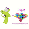 Interactive cat toy launcher with foam discs in green and purple colour options
