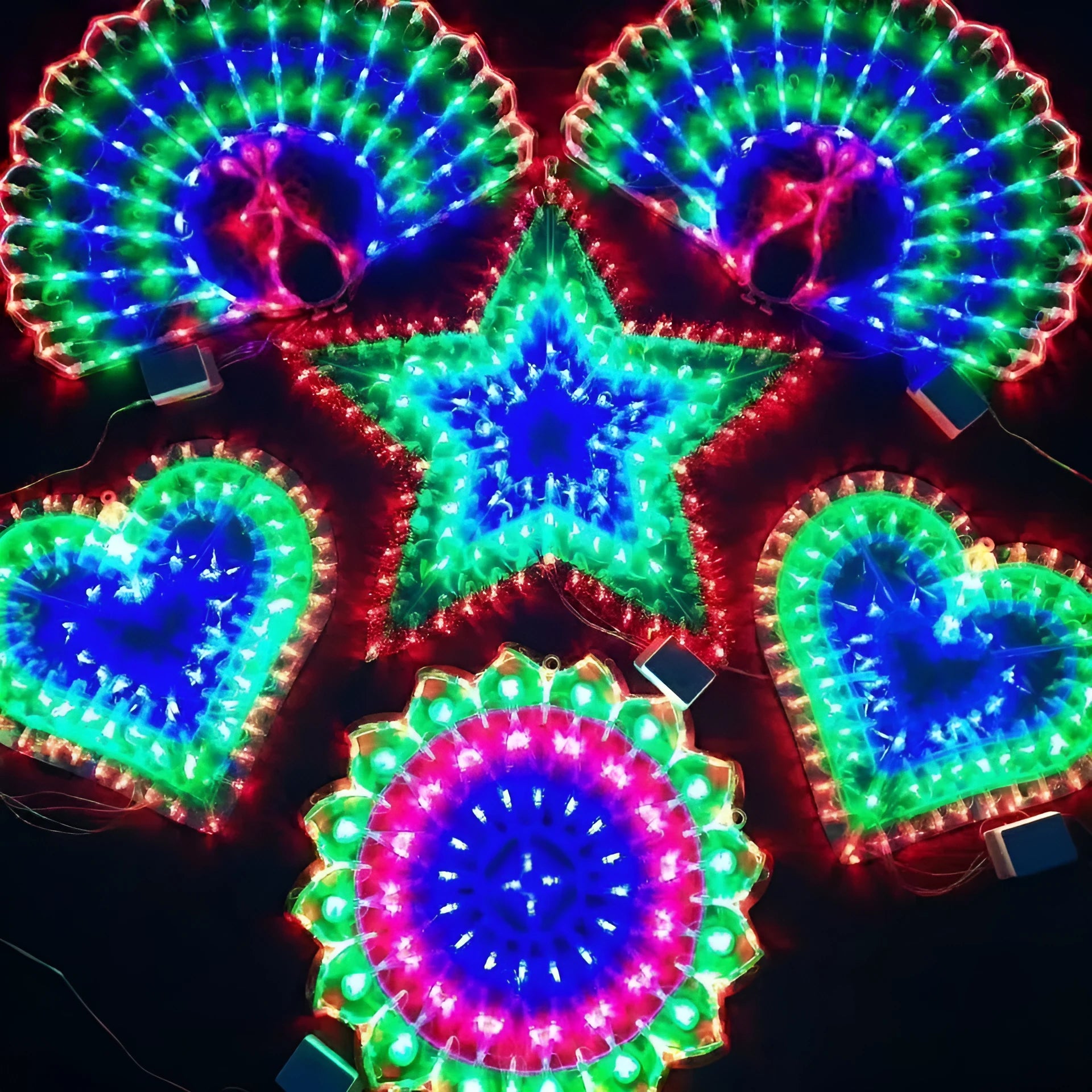 Outdoor decorative string lights with peacock, love heart, sunflower and star shapes for holiday decoration