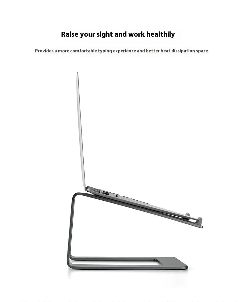 Black aluminium alloy laptop stand on a desk, showing its raised platform and dimensions.