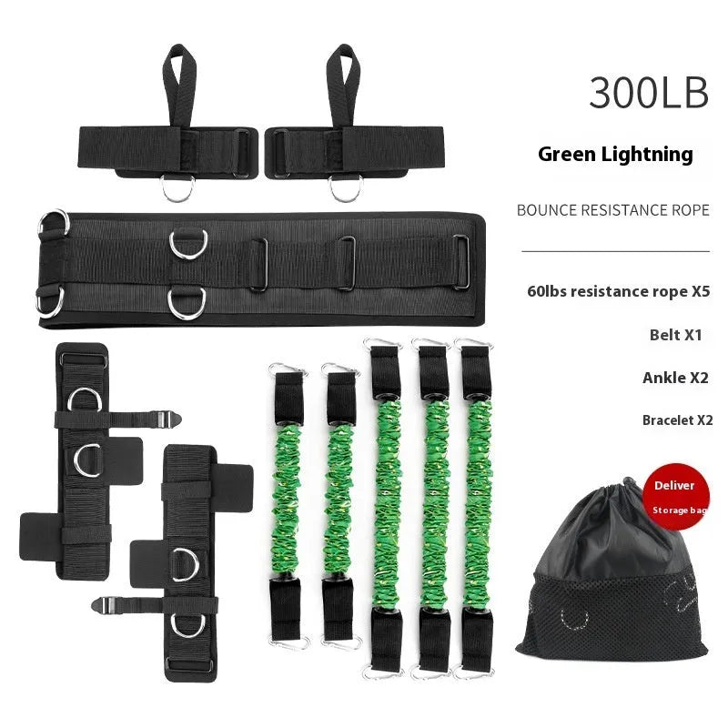 Fitness chest expander with red, blue, black, and green sleeves indicating different resistance levels
