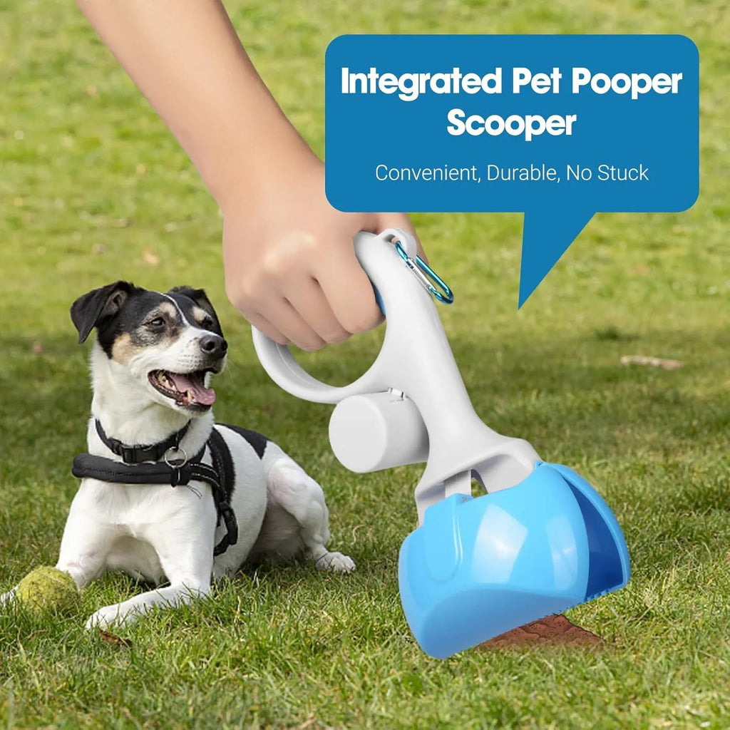 A blue plastic pet pooper scooper with a built-in holder for a roll of waste bags.