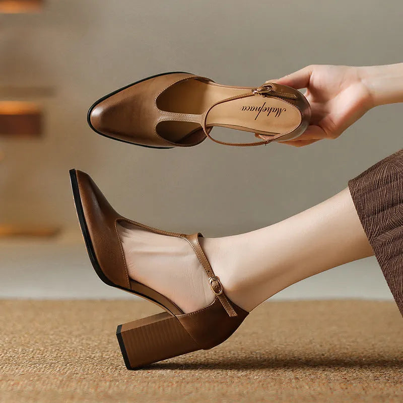 Baotou hollow women's retro pointed Mary Jane shoes in cowhide, showing buckle and hollow vamp design.