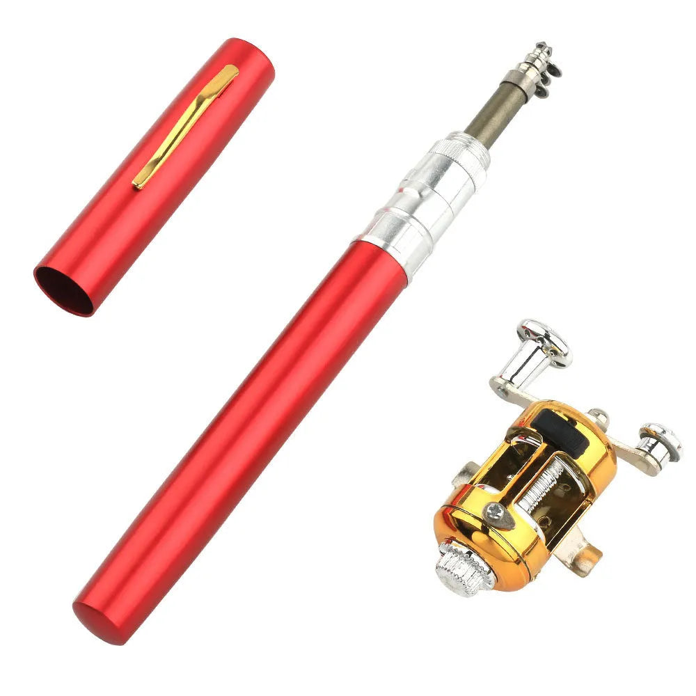 Gold telescopic fishing rod extended to 1 metre with ST5RL drum alongside collapsed rod in aluminium case