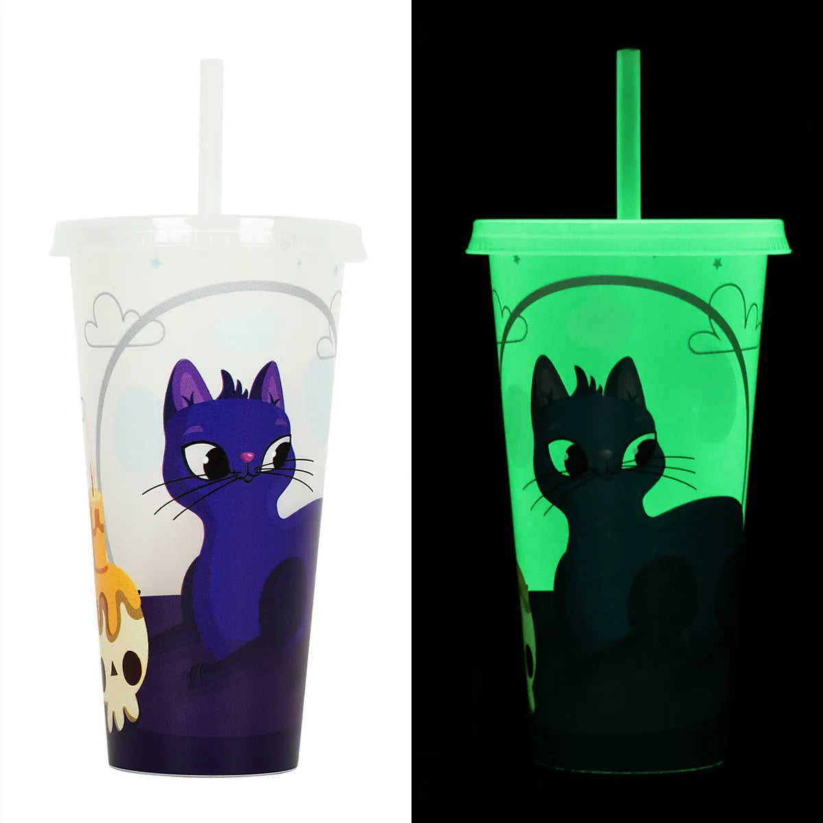 Halloween luminous plastic sippy cup with straw, 720ml capacity, cylindrical shape