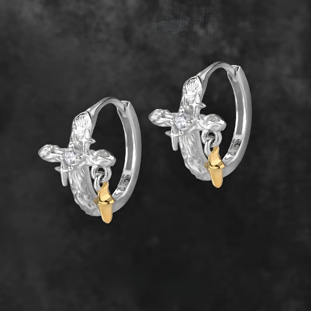XINGX women's cross earrings in 925 silver with geometric design and white gold colour finish