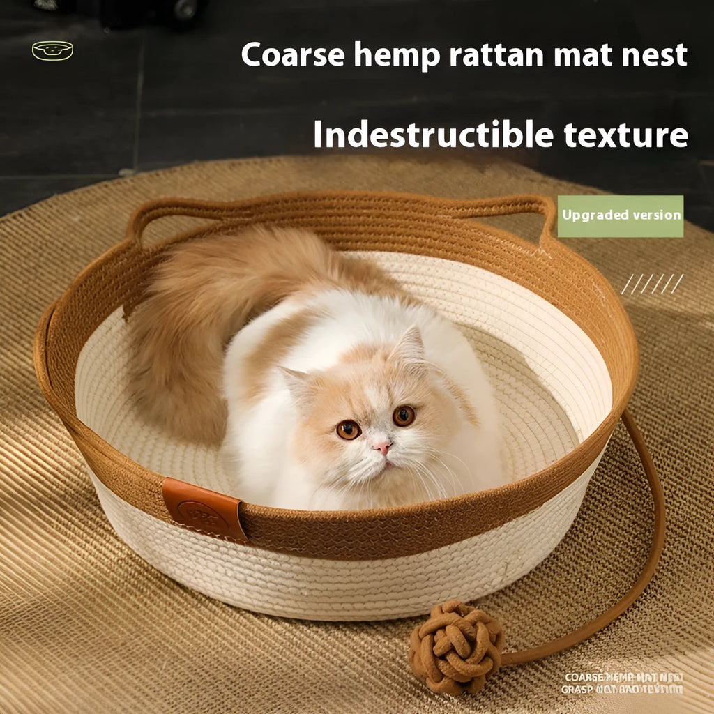 Grey woven cloth cat nest mat with cotton string stitching shown in a cat bed