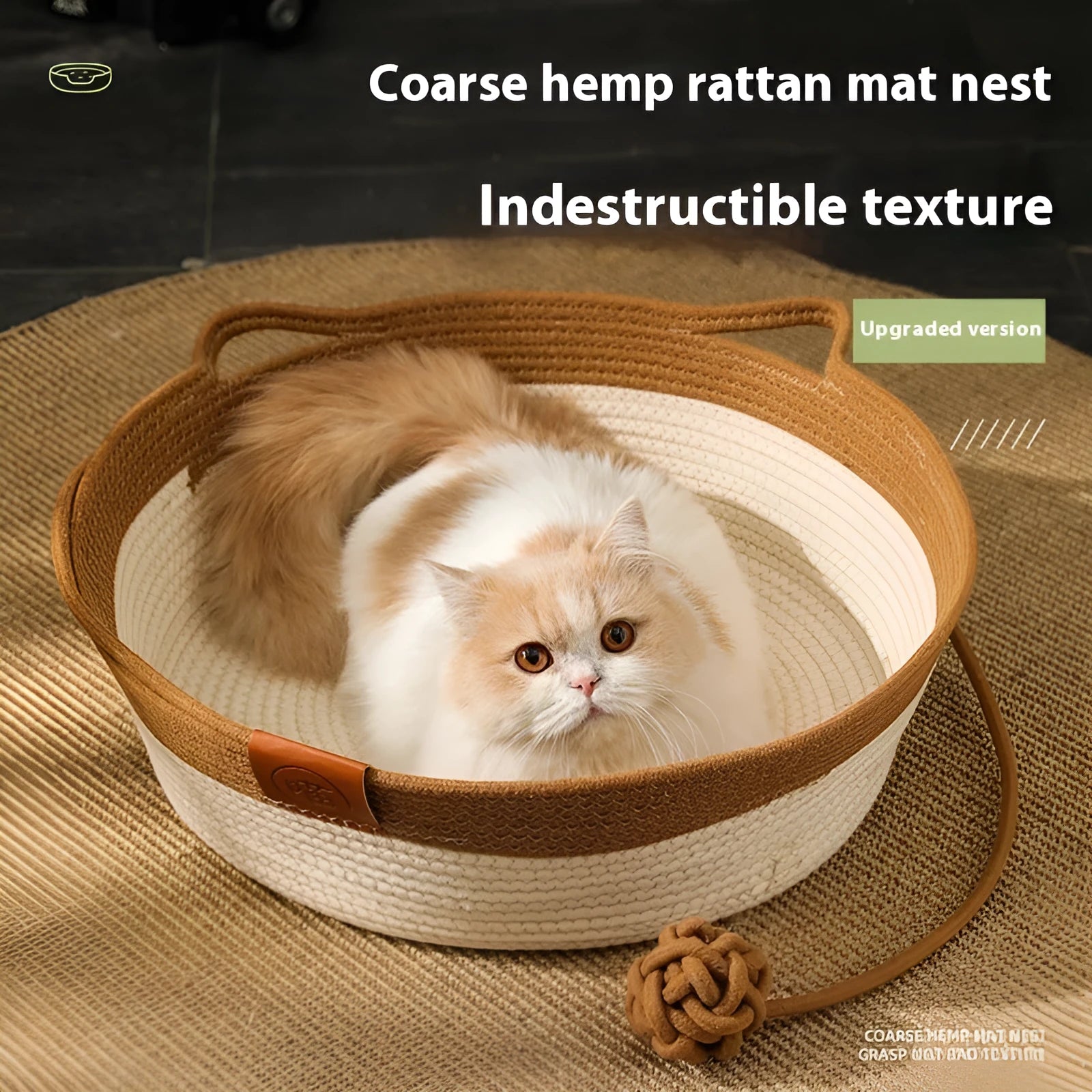 Grey woven cloth cat nest mat with cotton string stitching shown in a cat bed