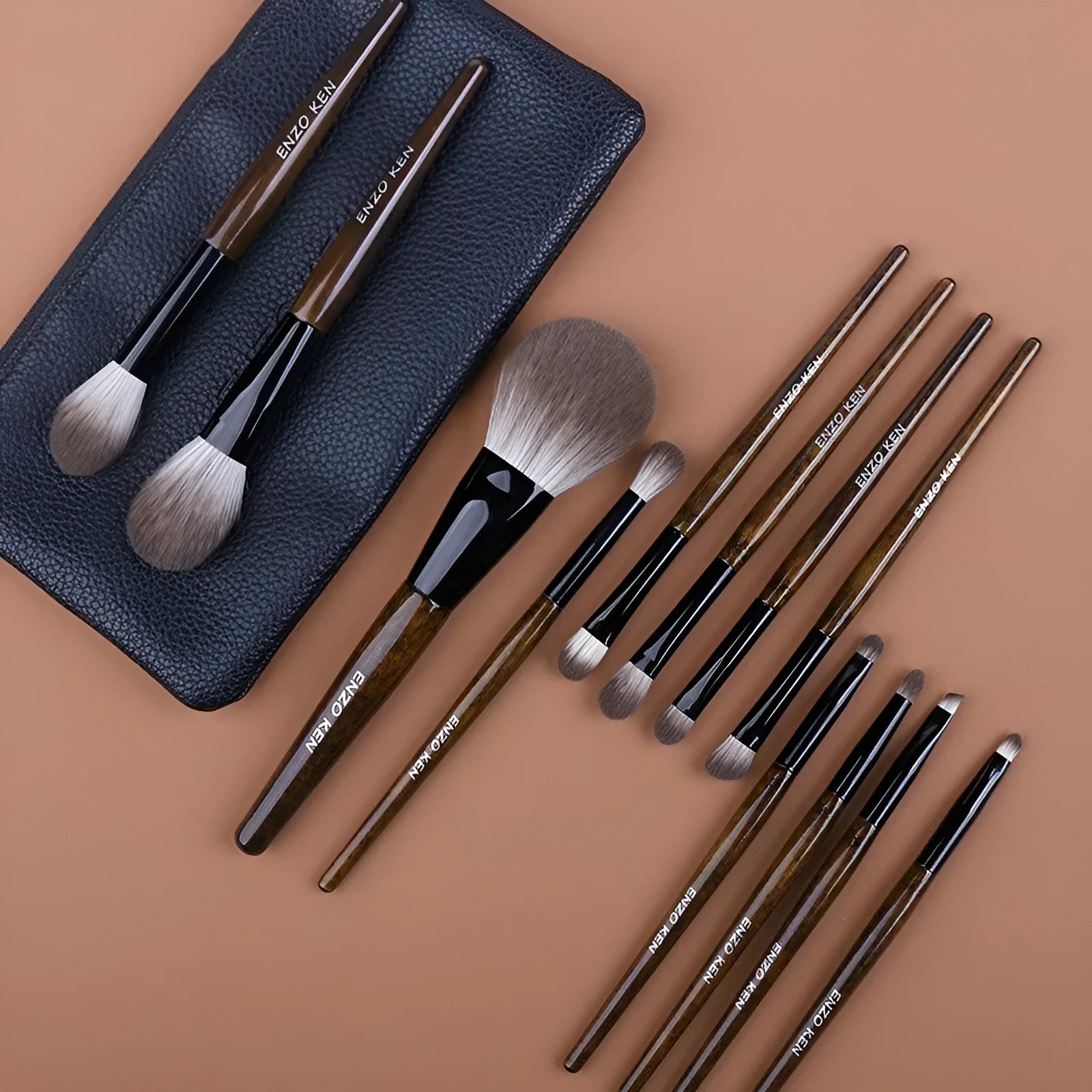 12-piece makeup brush set with wooden handles in portable PU brush roll