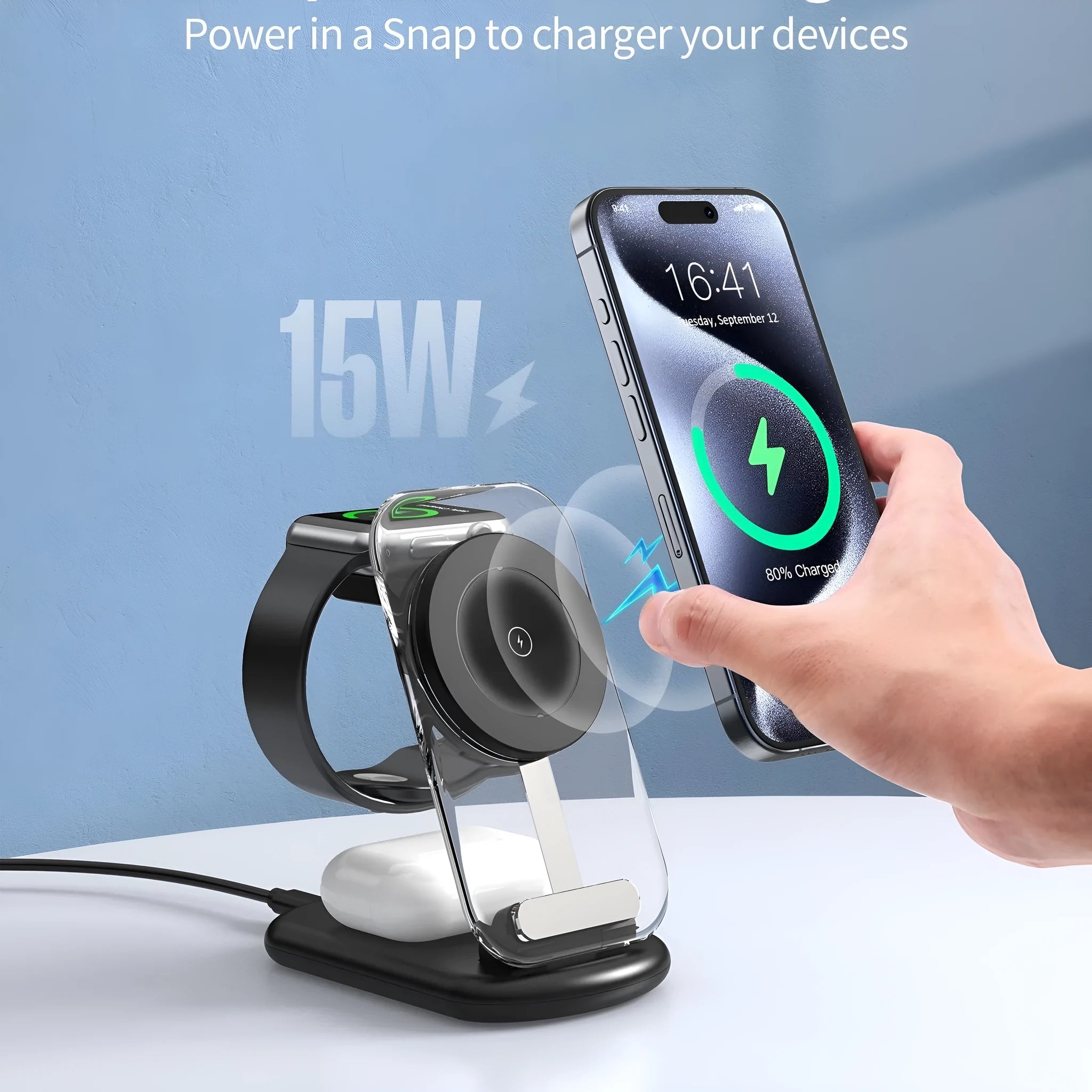 Transparent folding magnetic three-in-one wireless charger in black and white colours