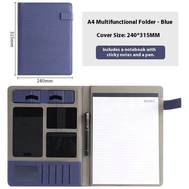Leather A4 business folder in black, open to show interior with optional pen and notepad.