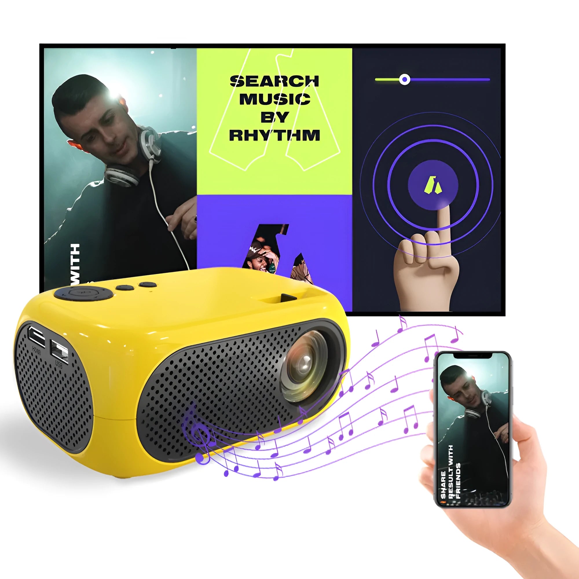 M24 micro mini portable LED projector in gold or white colour on a grey background