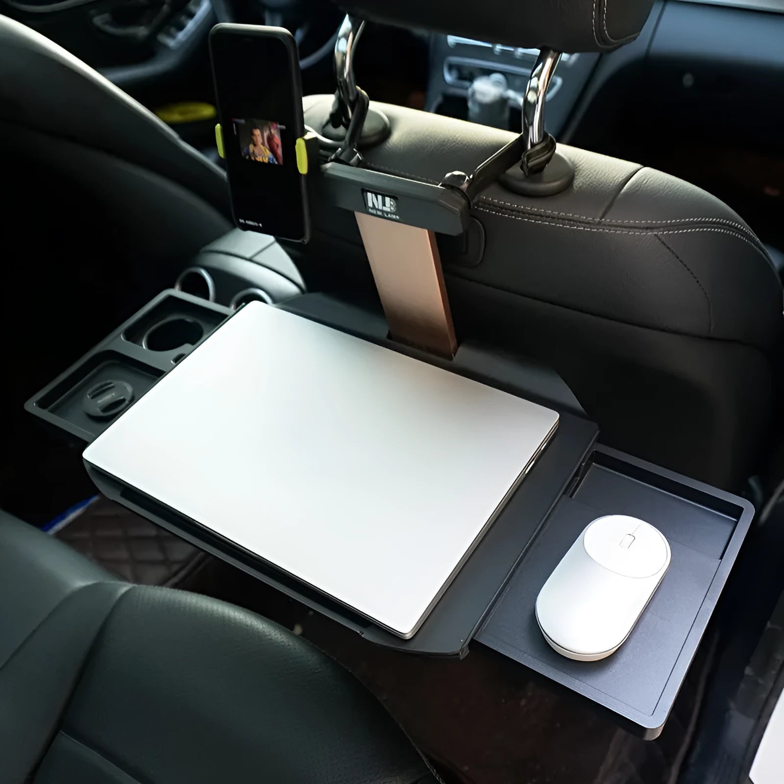 Folding car rear seat dining table laptop stand in black ABS with phone holder slot