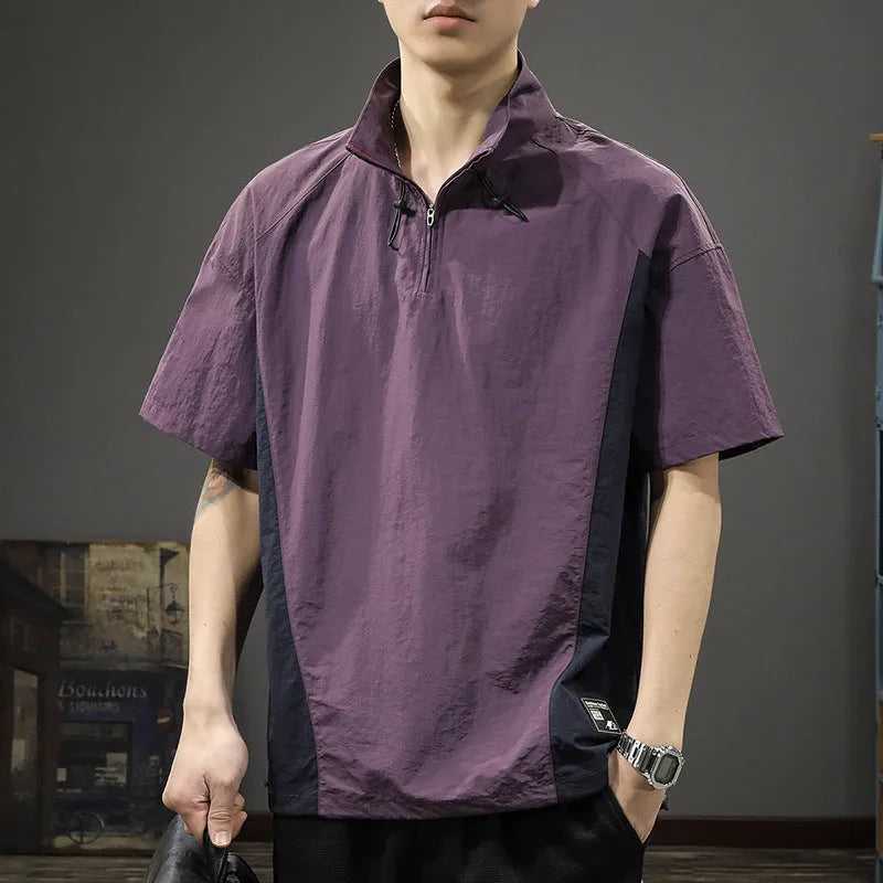 Men's brown half-zipped stand collar short sleeve casual shirt made from Ice Silk fabric.