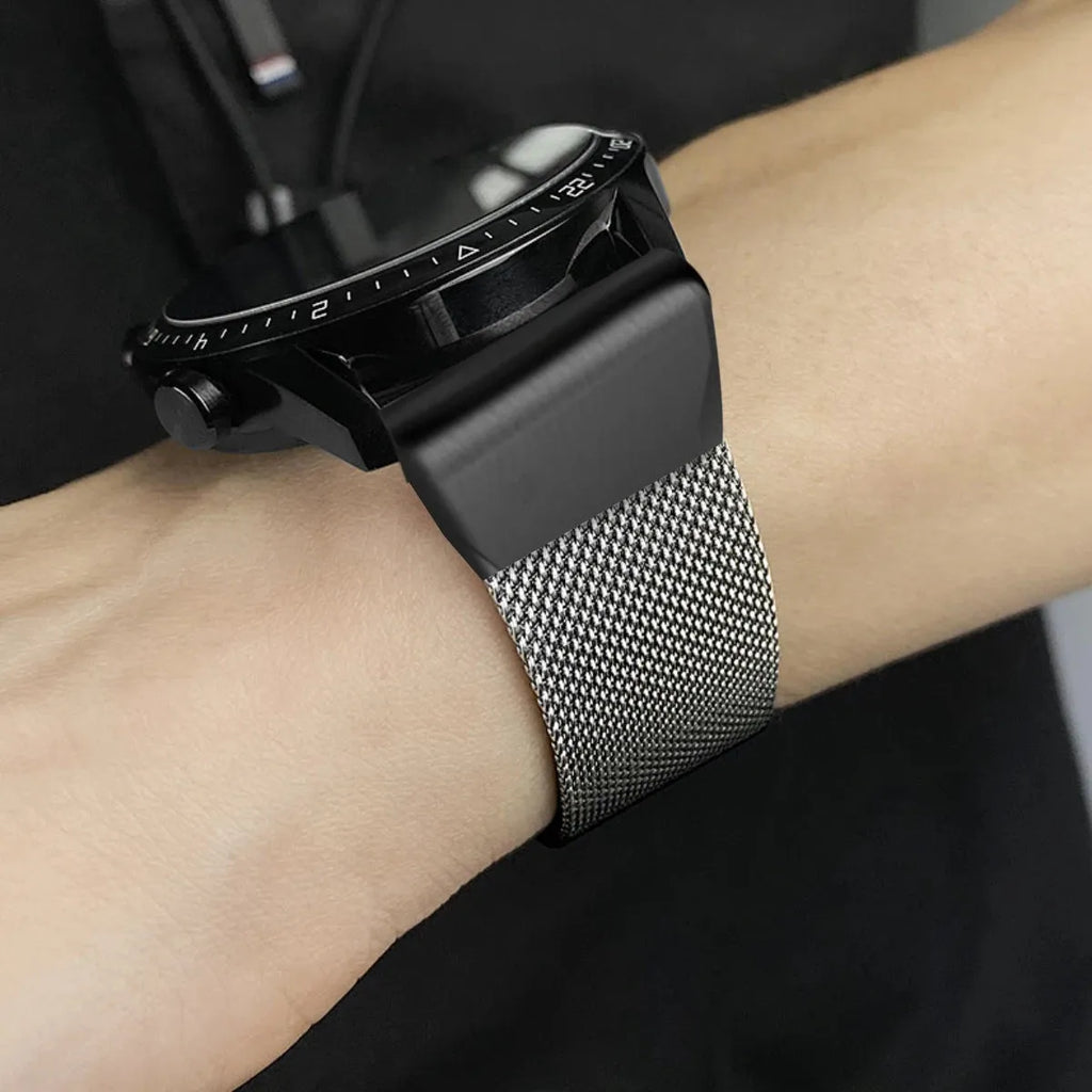 Silver stainless steel smartwatch strap for Garmin Fenix watches, shown next to 20mm, 22mm, 26mm size indicators.