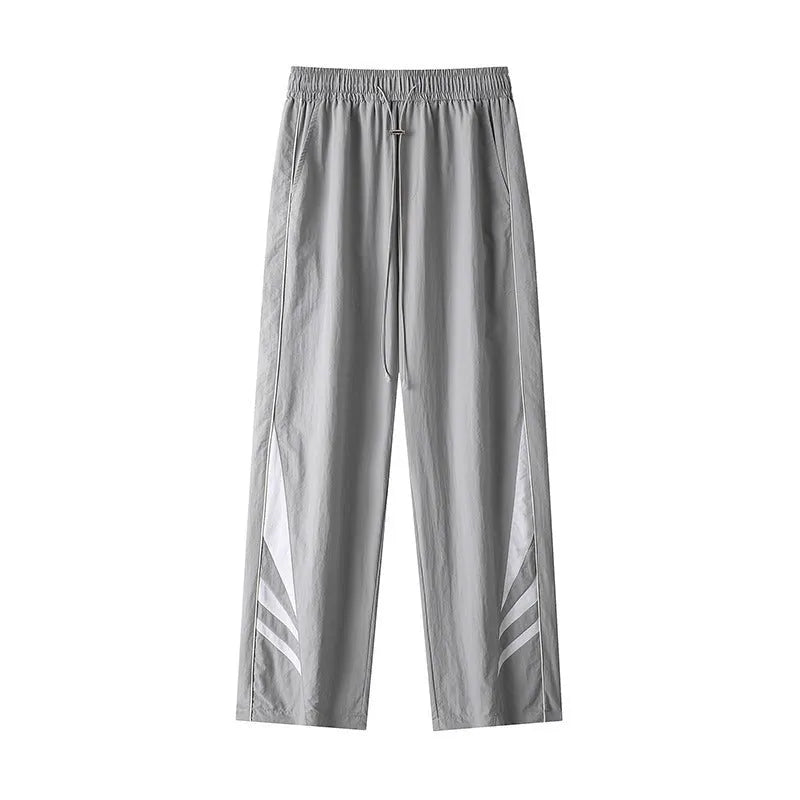 Men's straight leg casual trousers in black with elastic waistband and straight leg opening