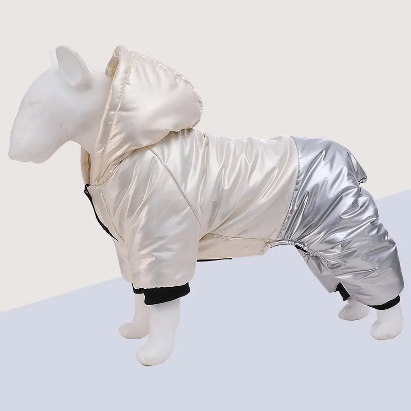 Green waterproof dog winter coat with four-leg design on medium-sized dog